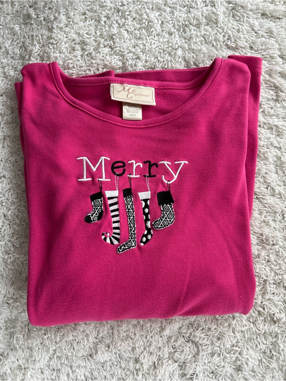 M&C Sportswear Merry Embroidered Hot Pink Long-Sleeve Tee